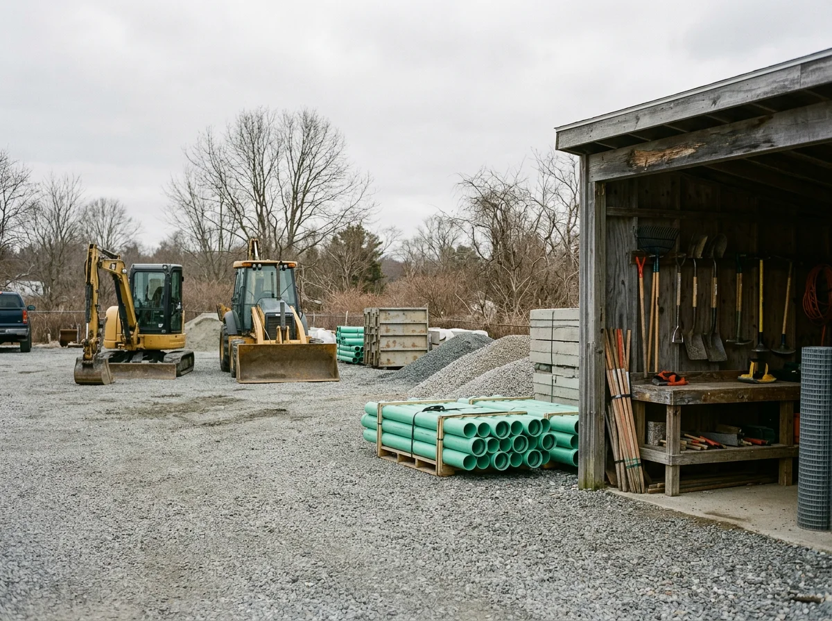 Excavation equipment and site preparation tools ready for foundation and land clearing work.