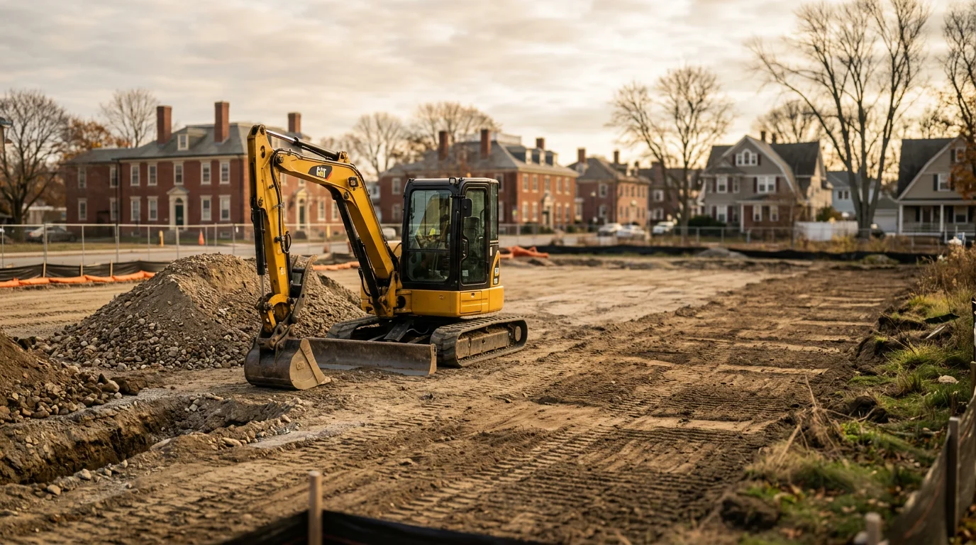 Excavation equipment working on residential site preparation in Rhode Island