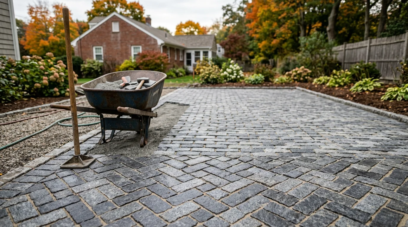 Newly installed stone patio and driveway in residential Rhode Island home