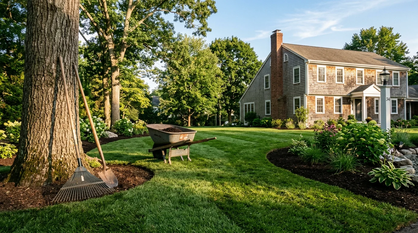 Newly landscaped residential yard with lawn and plantings in Rhode Island