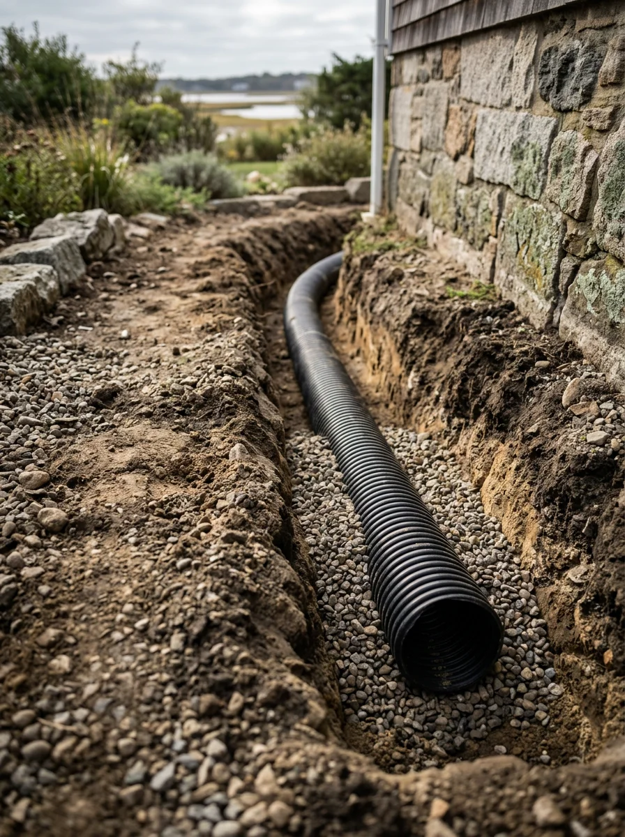 Newly installed subsurface drainage system on a Barrington waterfront property, with perforated pipe and gravel bed visible before backfill.