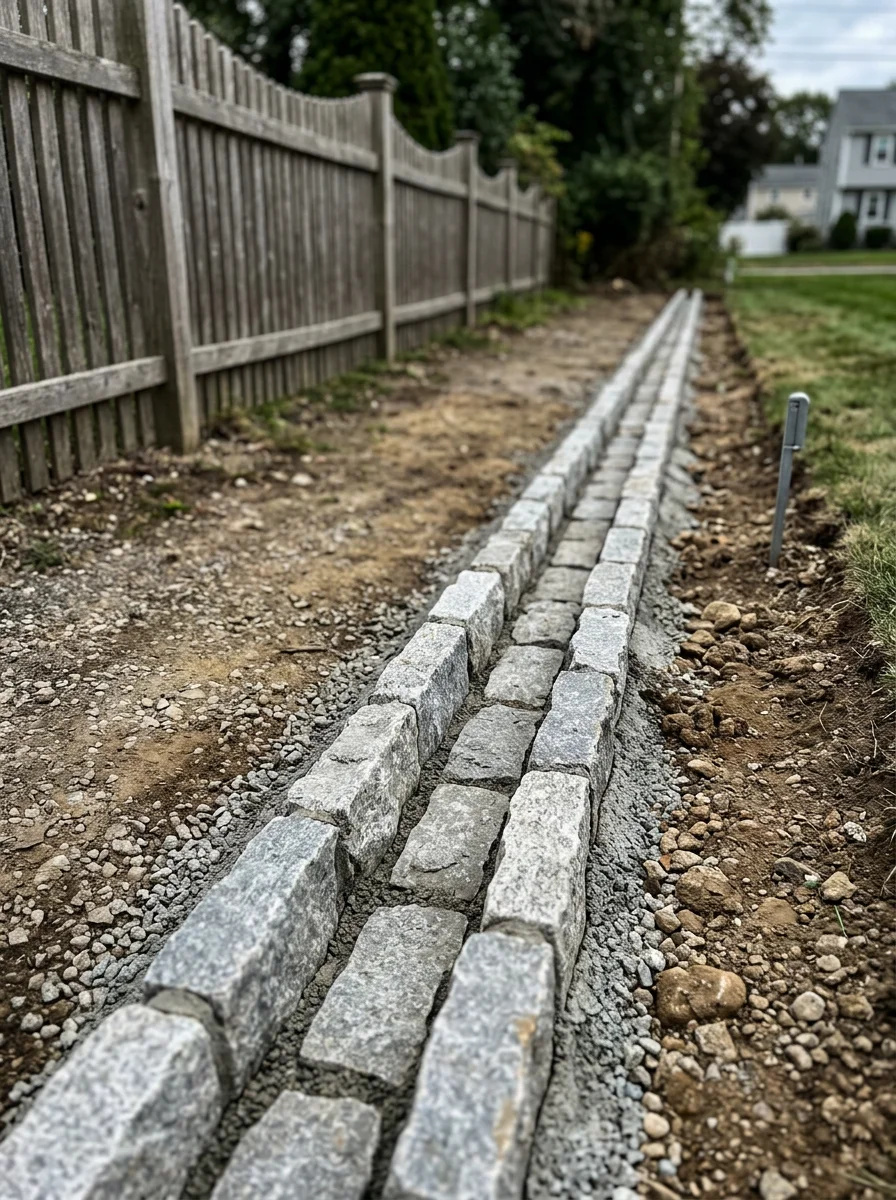 Newly installed stone drainage channel along an East Providence property line, with compacted gravel base visible.