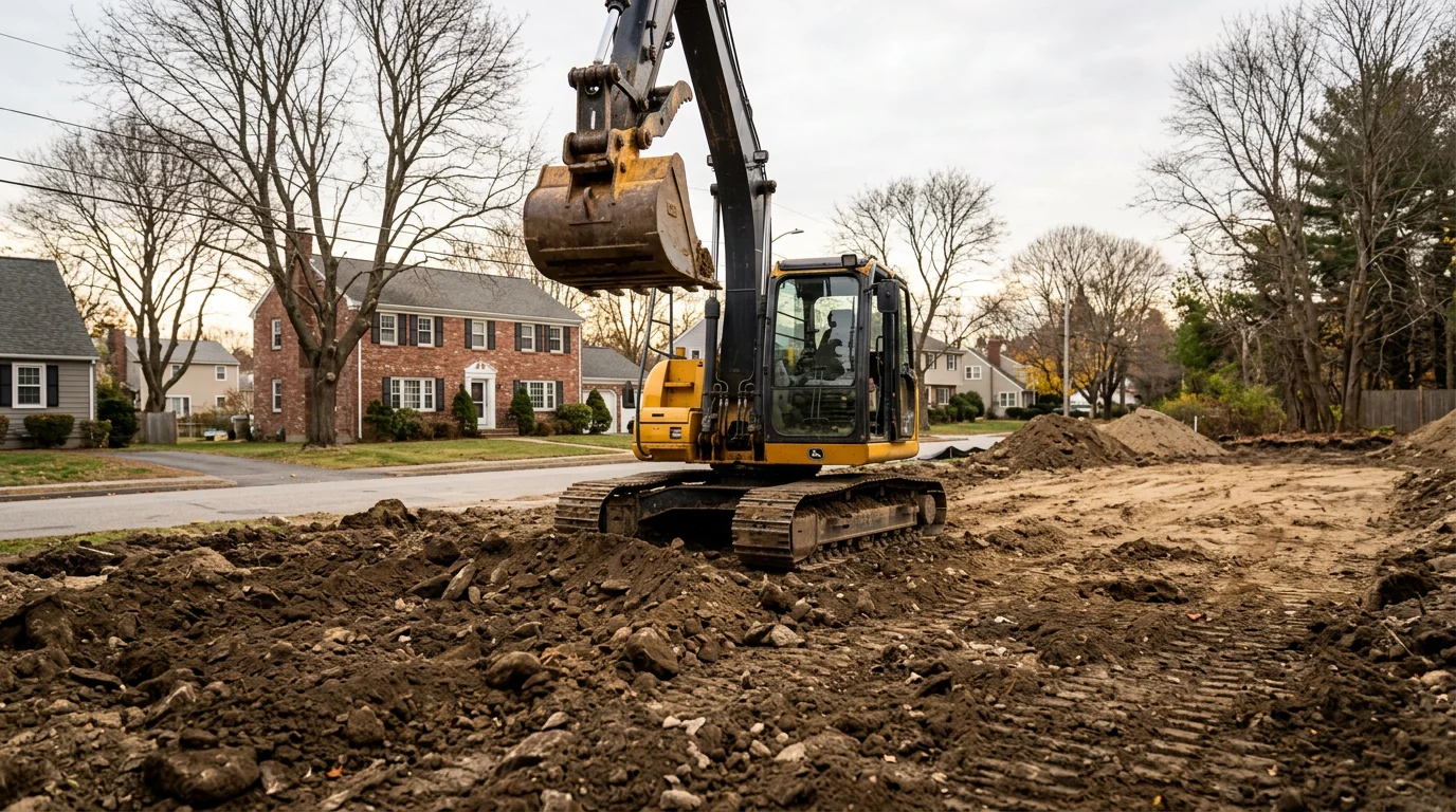 Excavator grading a residential lot in East Providence, Rhode Island, with a residential home visible in the background.