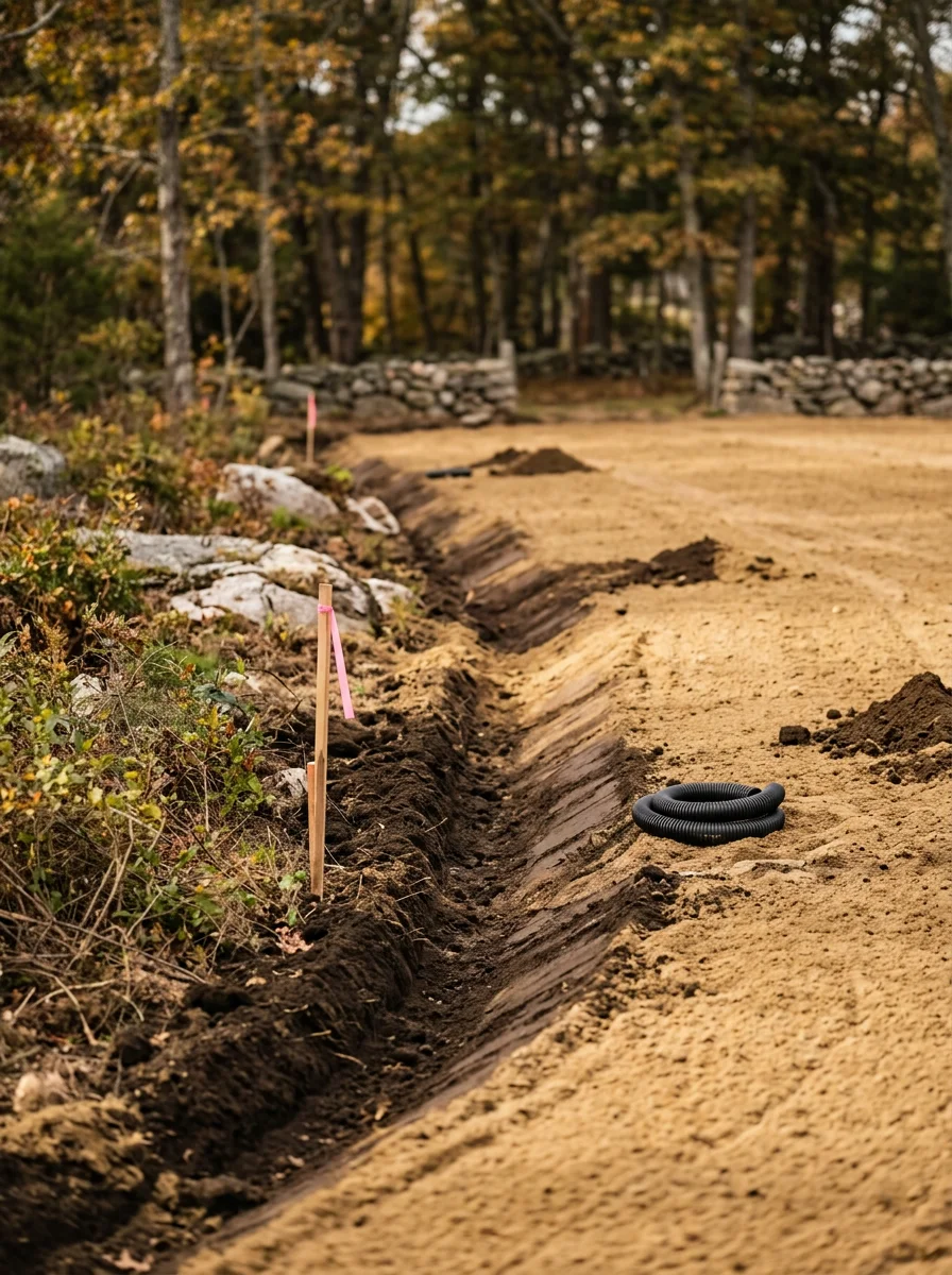 Freshly graded residential lot in East Greenwich with drainage swale cut along the property line and new topsoil spread.