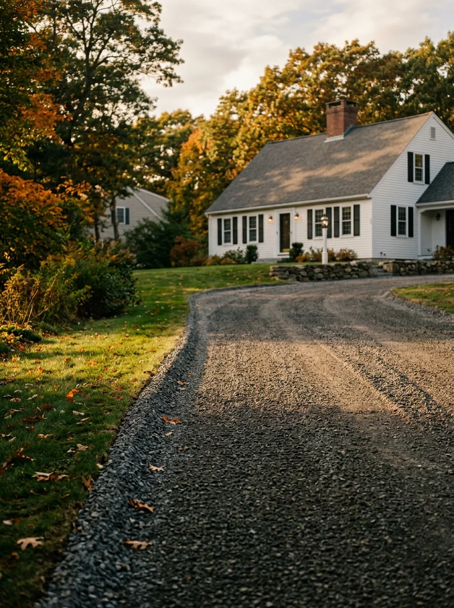 Freshly graded driveway base on a Lincoln property, with compacted gravel subbase visible before asphalt installation.