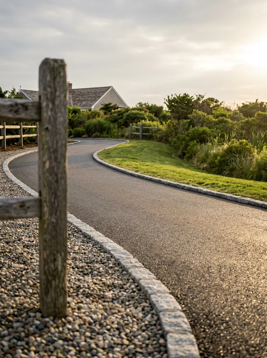 Newly installed asphalt driveway on a North Kingstown coastal property, with stone border edging and graded lawn visible.