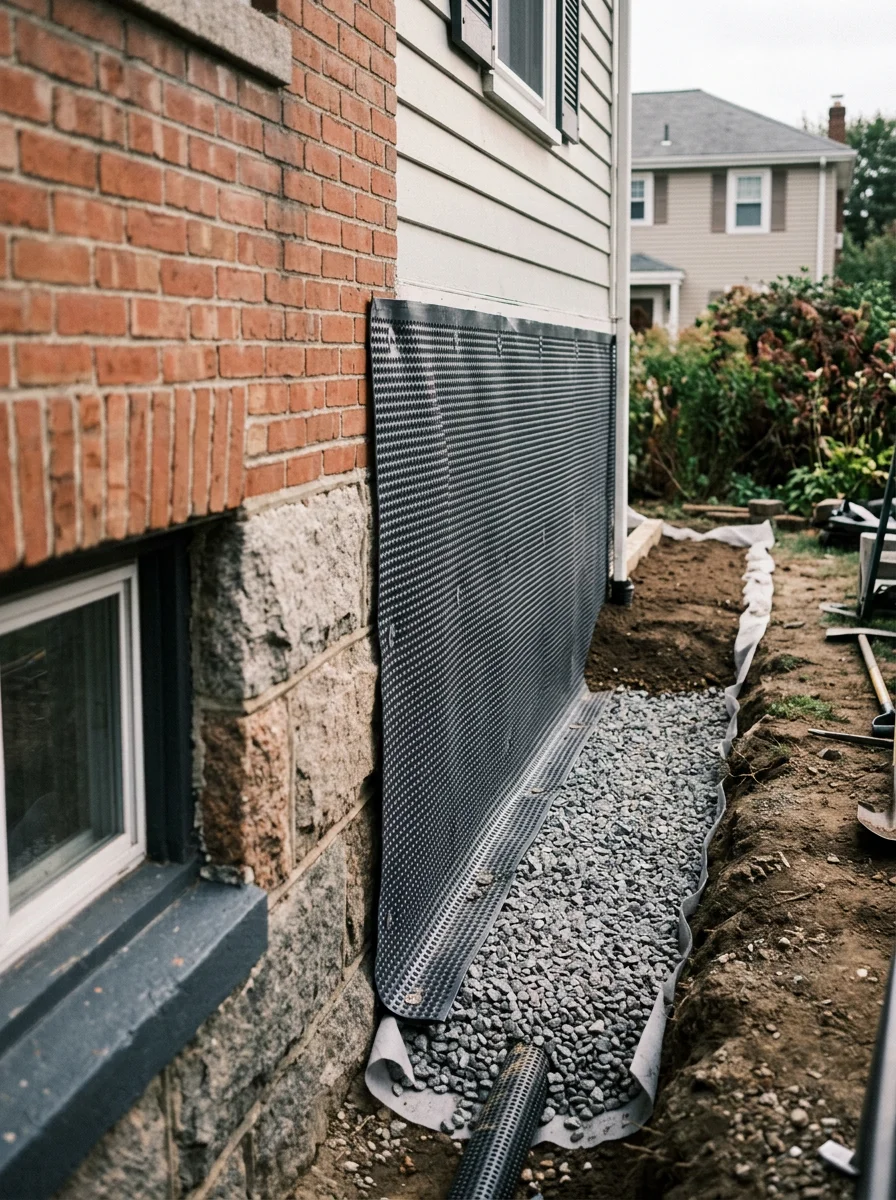 Freshly waterproofed stone foundation wall on a Pawtucket home, with drainage membrane applied and gravel drainage layer visible before backfill.