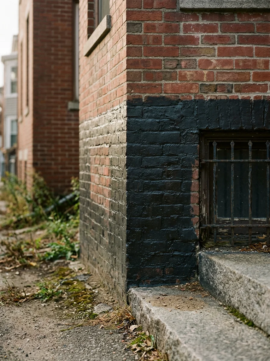 Exposed stone foundation of a Providence Victorian home with fresh waterproofing membrane applied before backfill.