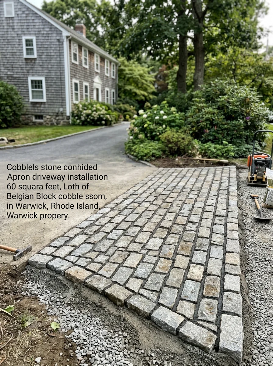Newly installed cobblestone driveway apron on a Warwick home, with compacted stone base visible at the edge.