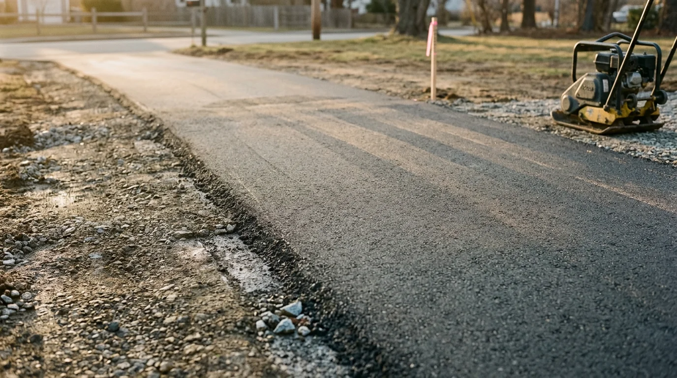 Freshly installed asphalt surface on a residential property in Cranston, Rhode Island, with clean edges and a smooth compacted finish. The surrounding site shows graded soil and proper drainage slope away from the structure.