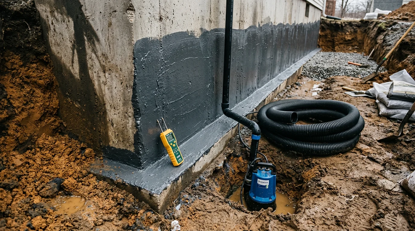 A dry, clean basement interior in a Cranston Rhode Island home following professional waterproofing work, showing sealed concrete walls and a clear floor with no signs of moisture or water staining.