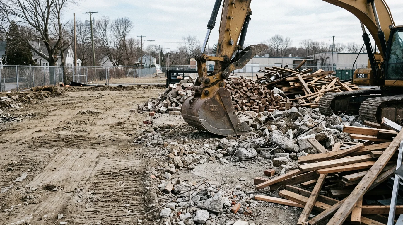 A commercial building in Cranston, Rhode Island mid-demolition, with heavy excavation equipment breaking down the structure and cleared ground visible at the site perimeter.