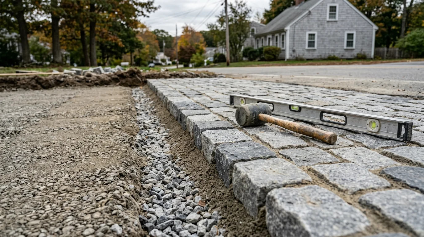 Freshly installed cobblestone driveway apron at a residential property in Cranston, Rhode Island, with tightly set stones and a clean edge along the garage approach. The surface shows uniform joint spacing and a compacted base visible at the border edge.