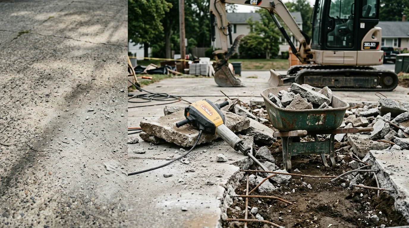 A concrete slab being broken apart and removed by heavy equipment on a residential property in Cranston, Rhode Island. The cleared site shows exposed soil ready for new construction or landscaping.