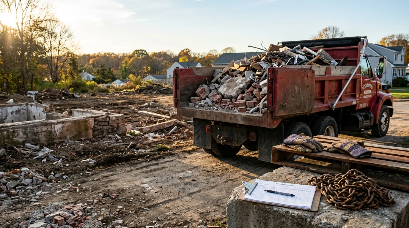 A cleared construction site in Cranston, Rhode Island after debris removal, showing an open lot free of concrete rubble and mixed demolition waste. A heavy-duty truck is positioned at the edge of the property following a full haul-out.
