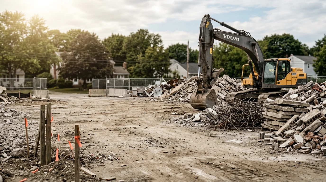 A demolition crew operating heavy equipment to tear down a residential structure on a cleared lot in Cranston, Rhode Island. Debris is staged at the site perimeter with surrounding properties undisturbed.