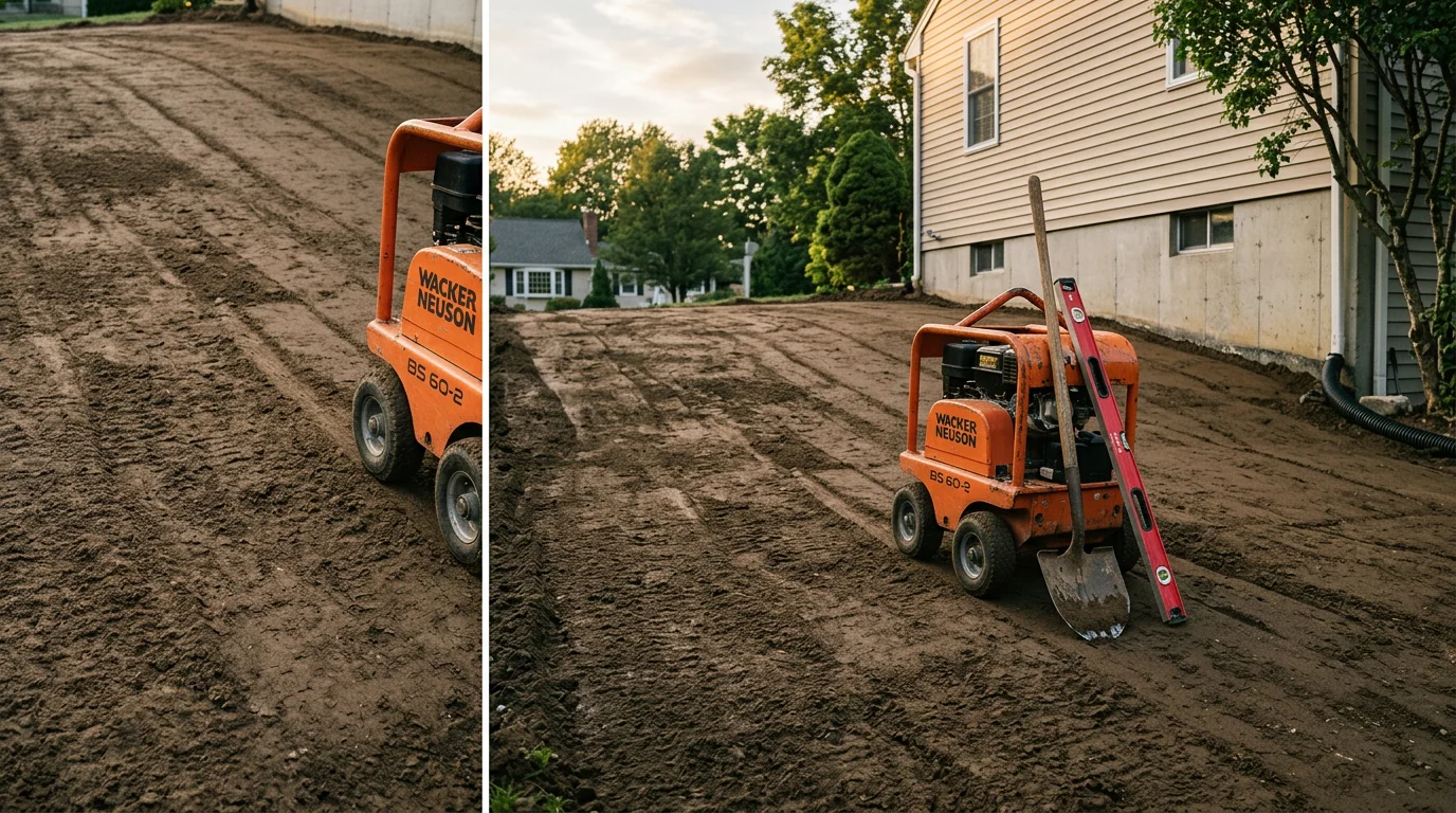 A freshly installed residential driveway in Cranston, Rhode Island, showing a smooth, evenly graded surface leading to a single-family home. The surrounding lawn and foundation edge are clearly defined, reflecting proper grading and site preparation.
