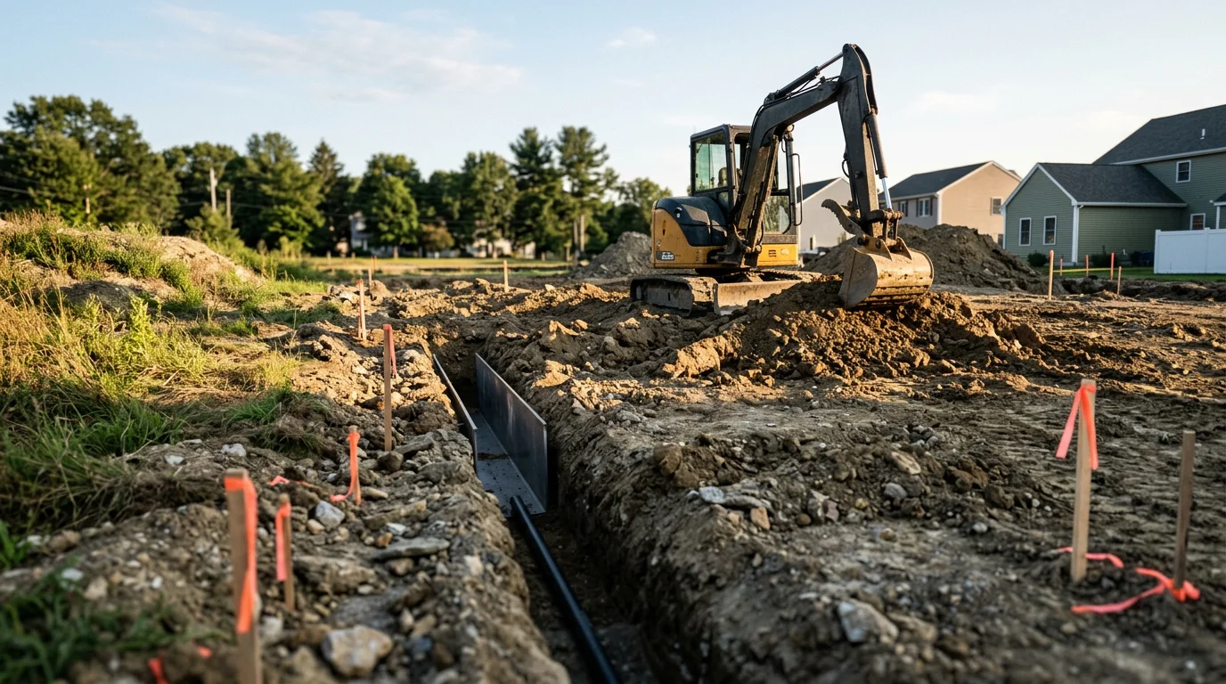 A large excavator digging into clay-heavy soil on a residential lot in Rhode Island. The open trench runs along the property line with excavated earth staged neatly to the side.