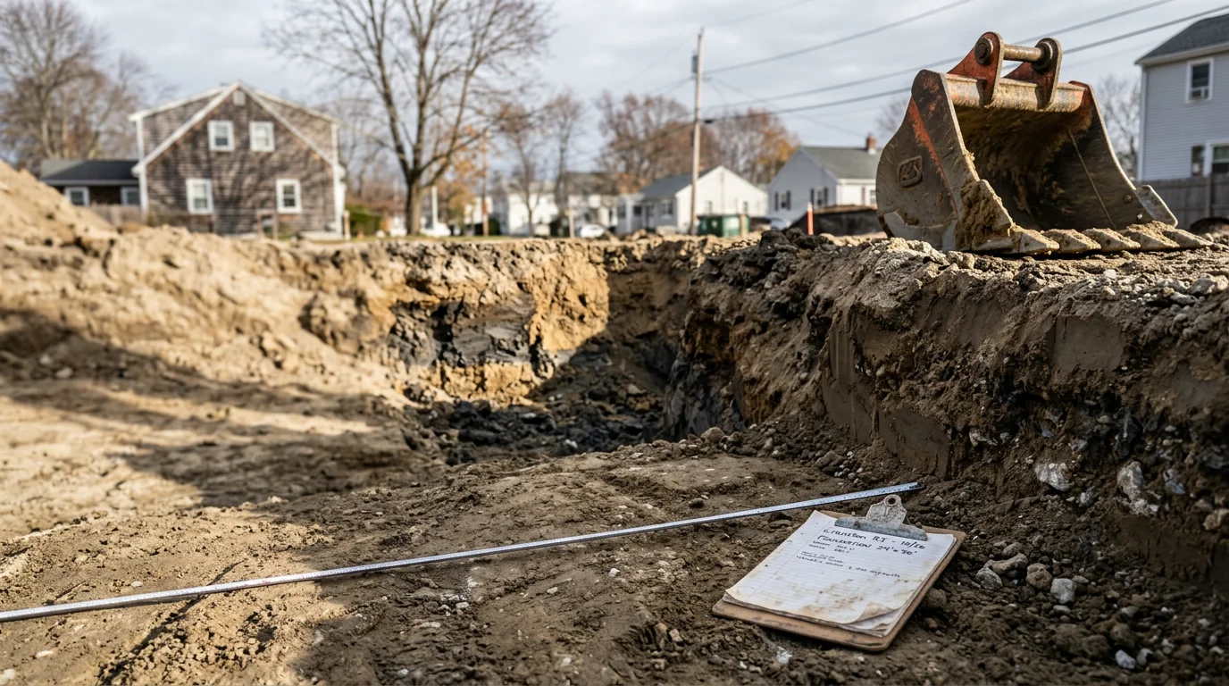 A large excavator digging a deep rectangular foundation pit at a residential construction site in Cranston, Rhode Island, with exposed mixed soil walls and a cleared work area ready for foundation forming.