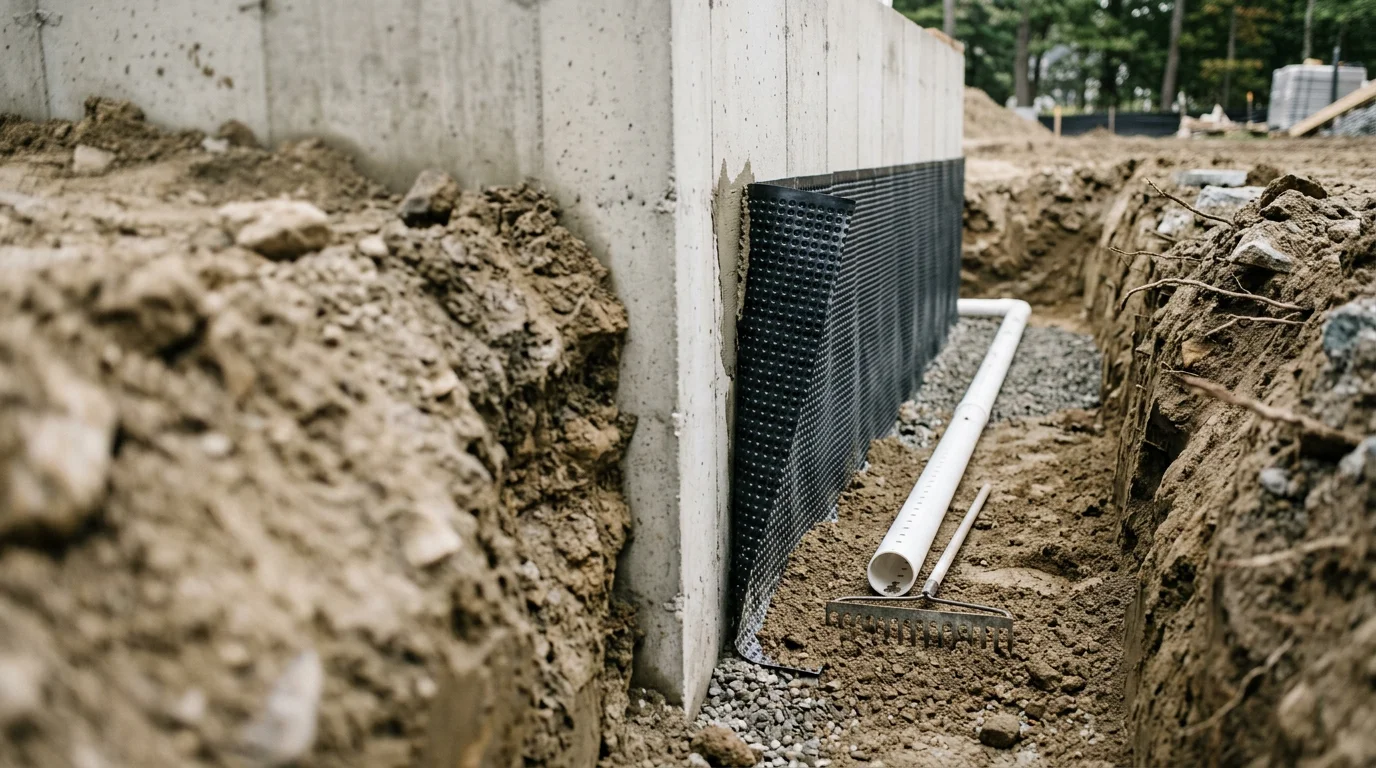 Exterior foundation wall in Cranston, Rhode Island with waterproof membrane applied after excavation, showing graded soil and drainage correction around the base of a residential home.