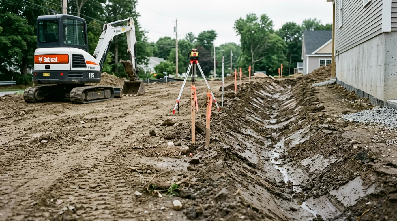 A graded residential yard in Cranston, Rhode Island showing a corrected slope directing water away from the home's foundation. The site has been reshaped with a visible drainage swale running along the property edge.