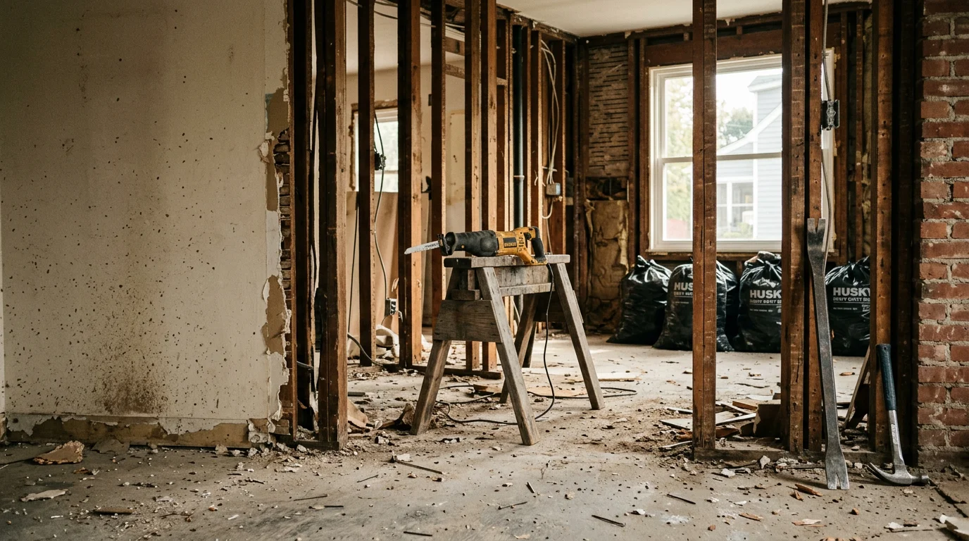 Interior demolition in progress inside a Cranston Rhode Island home, with walls stripped to the studs and flooring removed down to the subfloor. The exterior shell remains fully intact while the interior is cleared for renovation.
