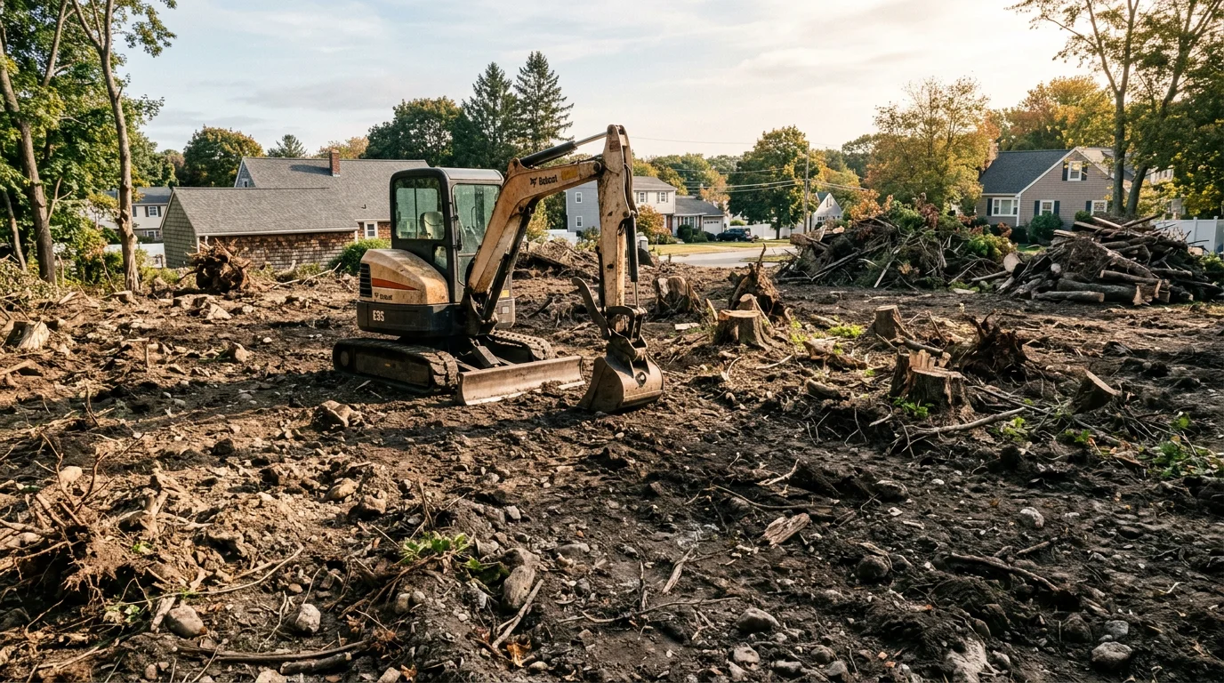 A Cranston, Rhode Island residential lot after professional land clearing, showing removed trees and brush with exposed ground ready for construction. Heavy excavation equipment from Northeast Development is visible on the cleared site.