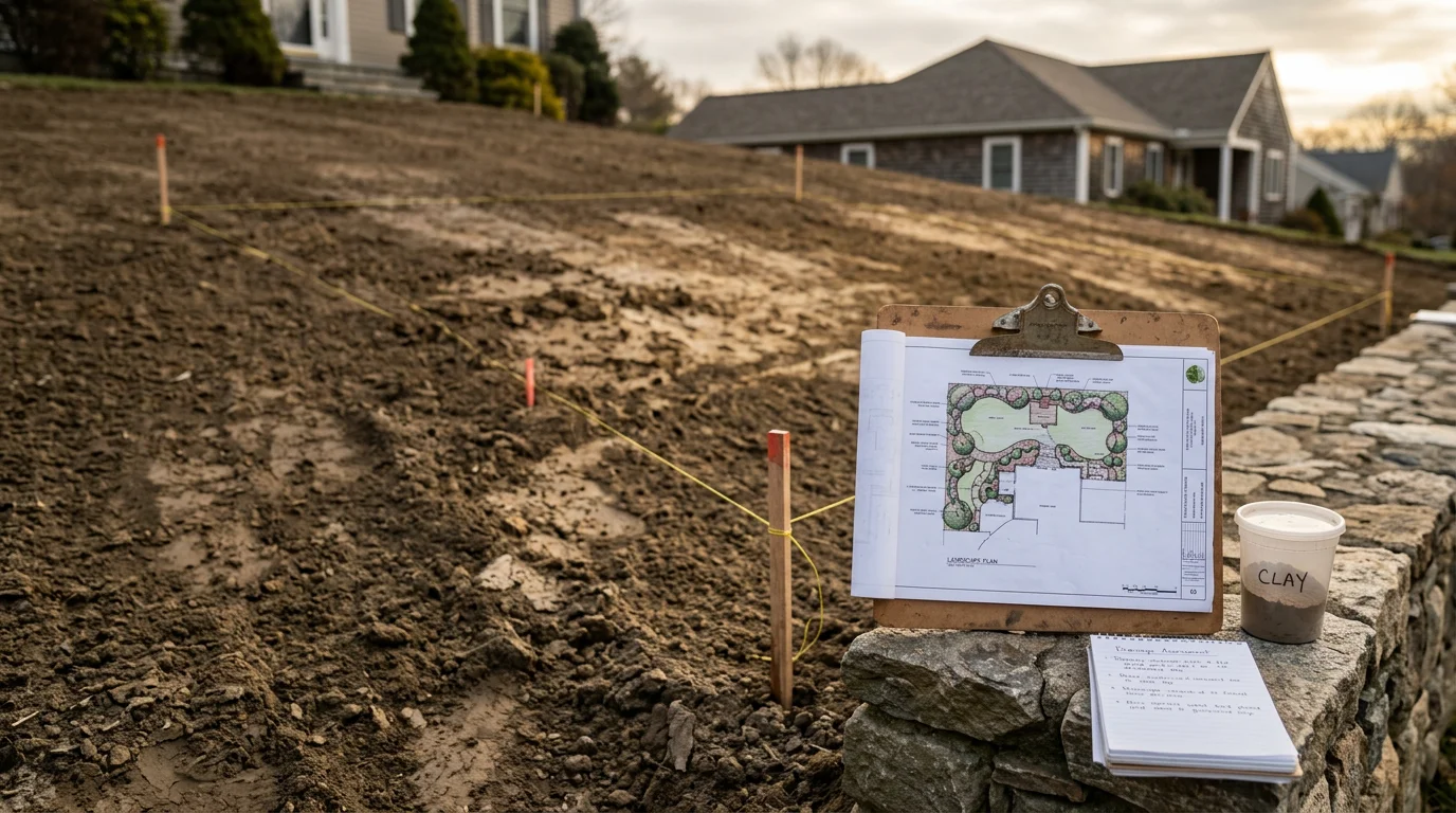 A redesigned residential front yard in Cranston, Rhode Island, showing defined planting beds, graded lawn area, and structured layout on a property with mixed soil conditions. Landscape design work completed by Northeast Development serving Cranston and surrounding Rhode Island communities.