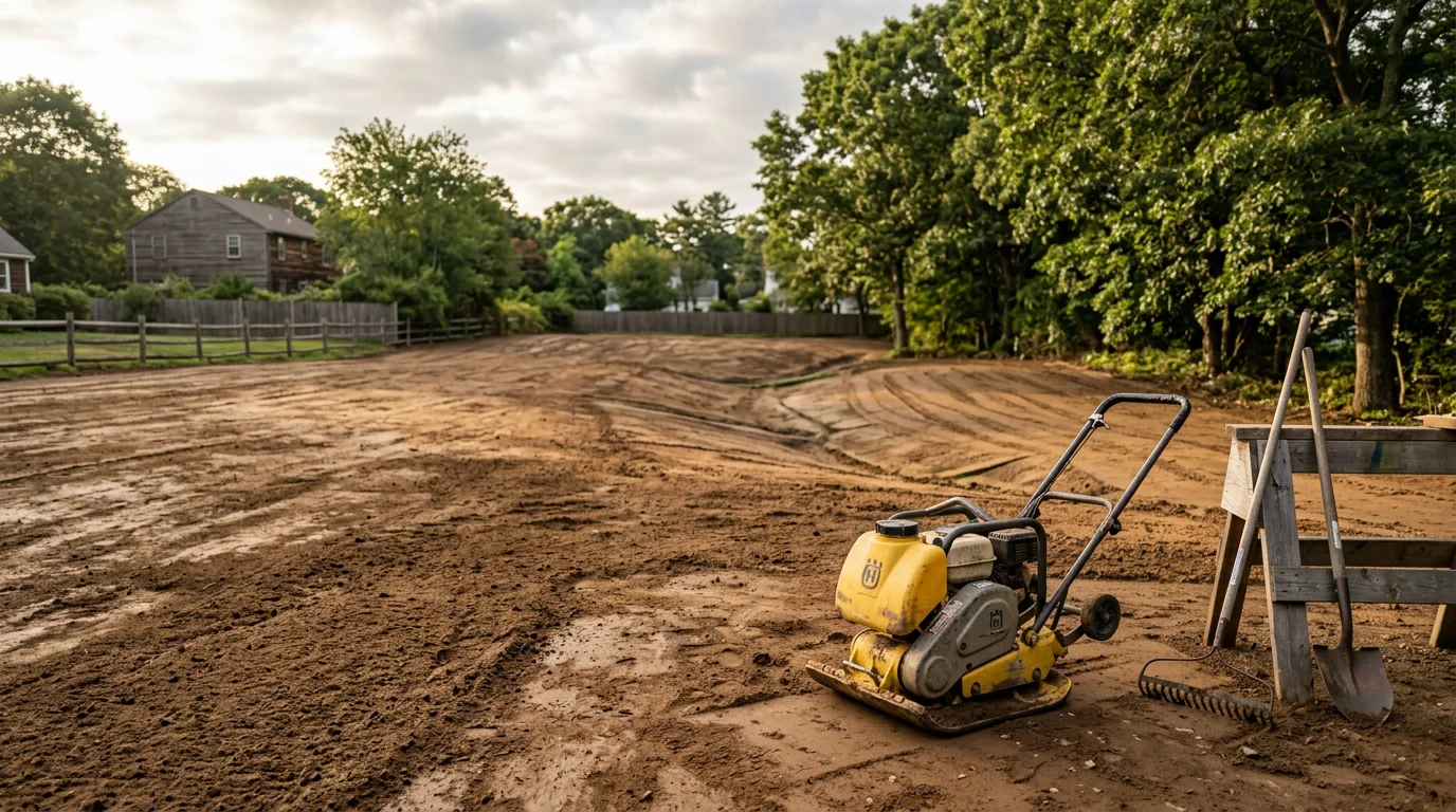 Freshly installed lawn on a residential property in Cranston, Rhode Island, showing a smooth, evenly graded yard with new grass covering the full lot. A landscape contractor's equipment is visible in the background near the property edge.