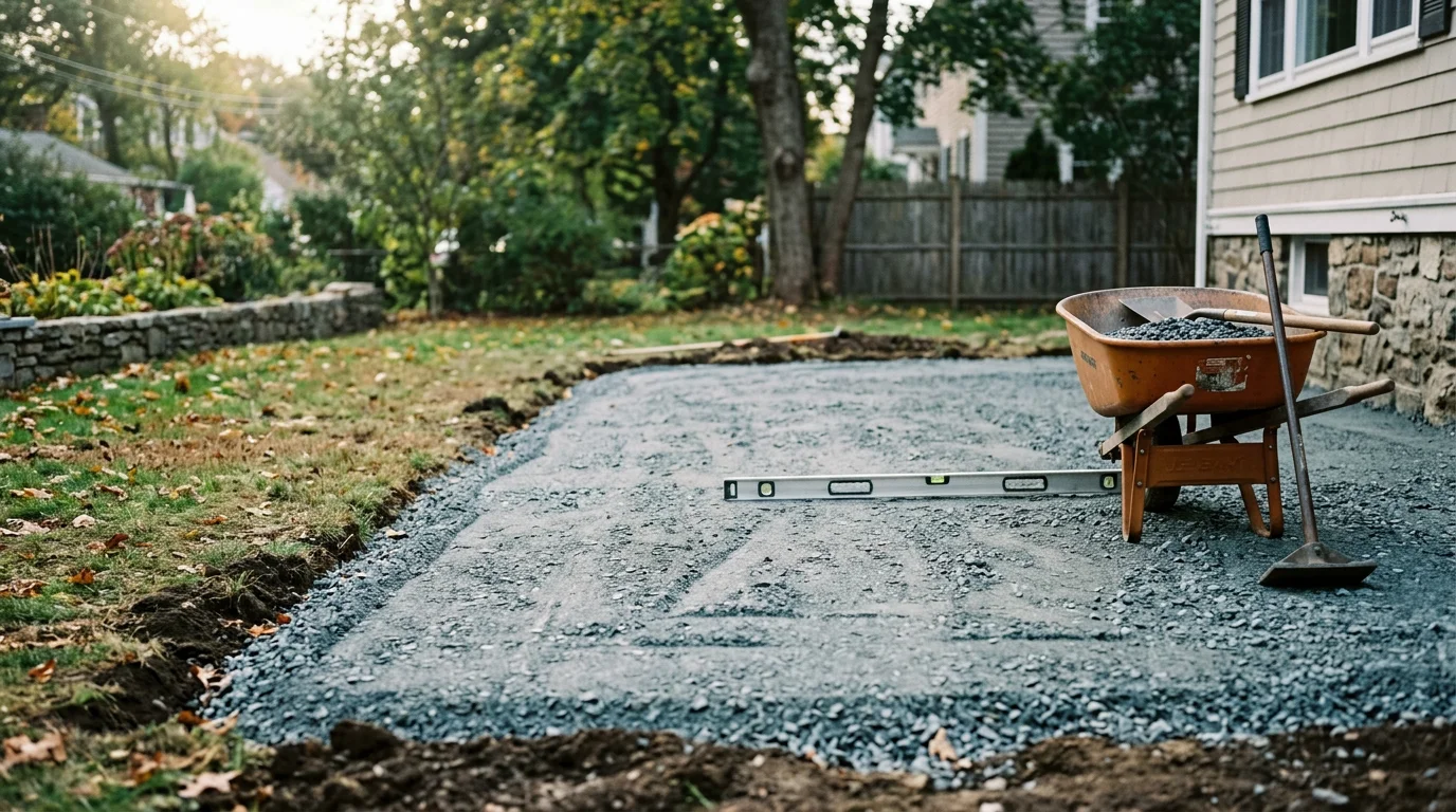 A completed hardscape patio installation in a residential backyard in Cranston, Rhode Island, showing a flat, level stone surface with clean edges and graded surroundings. The patio extends from the rear of a suburban home with lawn area visible along the perimeter.