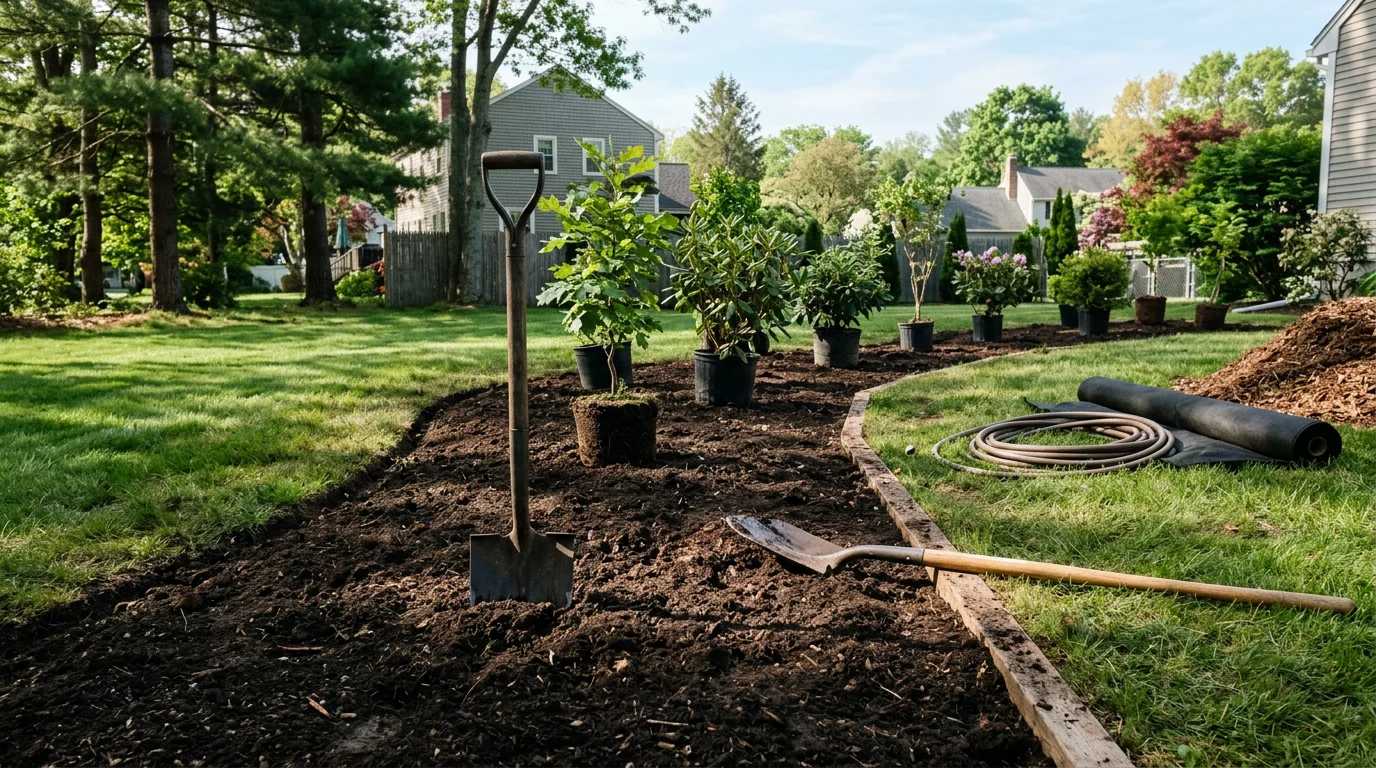 Newly planted trees and shrubs installed along the front yard of a residential property in Cranston, Rhode Island. Mulched planting beds frame the home with structured greenery suited to the New England climate.