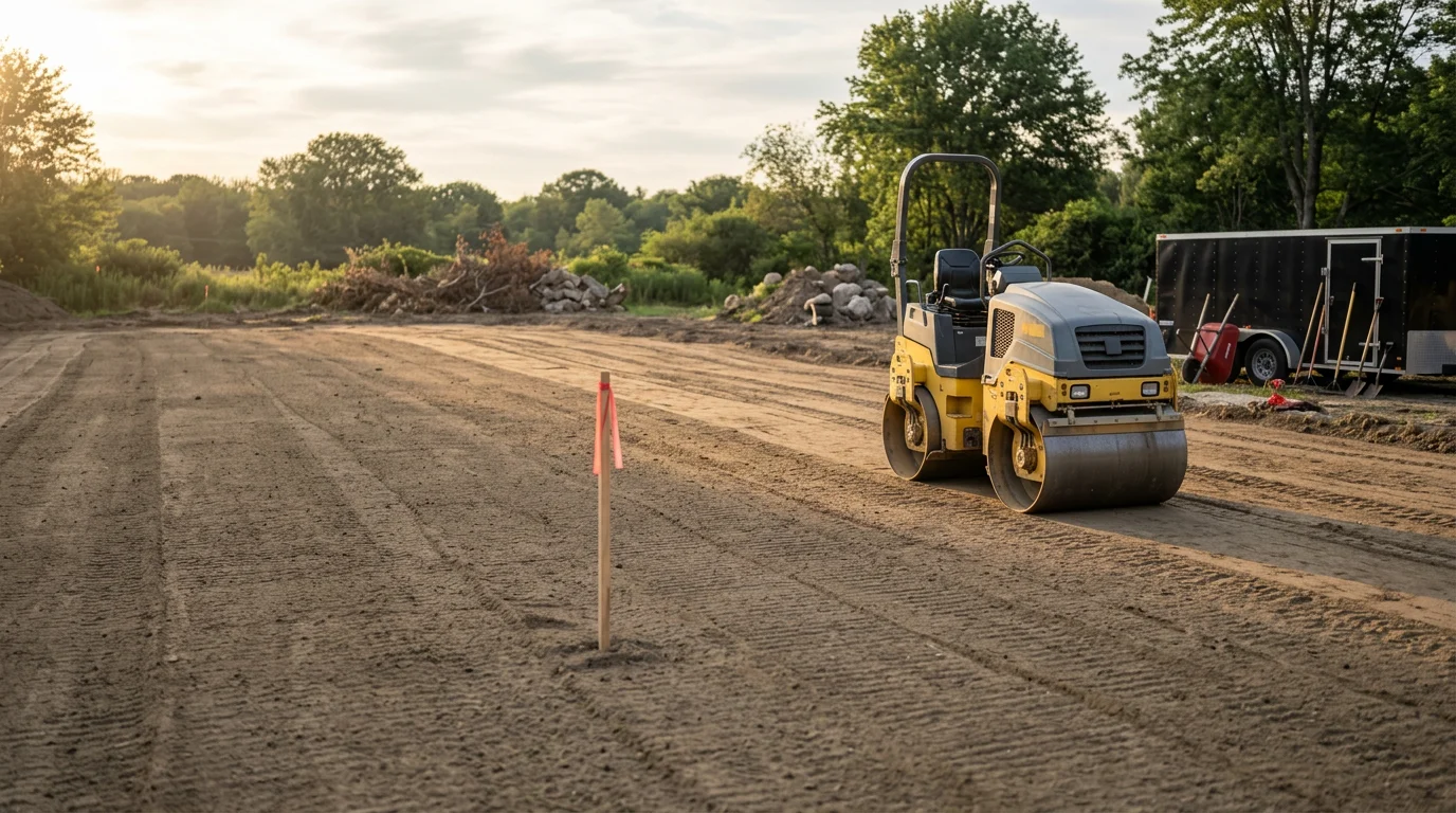 A Northeast Development excavator grading and compacting a cleared residential lot in Rhode Island, with exposed soil leveled and shaped for construction. The site shows rough grading complete and the land ready for the next phase of building.