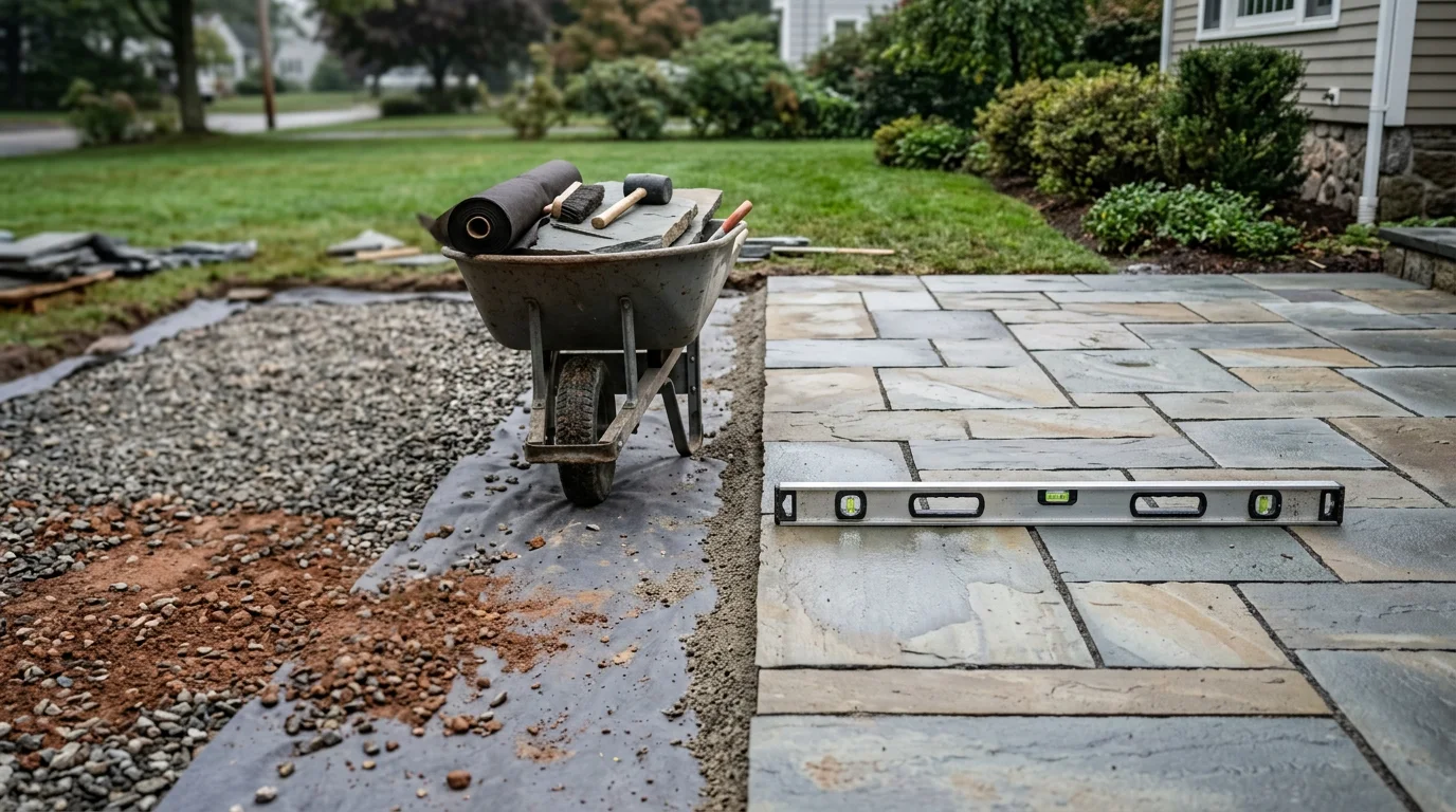 Completed natural stone walkway and steps installed at a residential property in Cranston, Rhode Island, with a compacted base and clean stone placement on a graded yard.